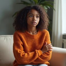 Depressed African American teen girl sitting sofa at psychologist office. Sad young woman troubled by mental health issues. Mental health counselor consultation, support therapy.