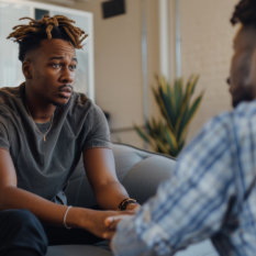 diverse guy at therapy session counseling. June and November - Men's mental health awareness month 
