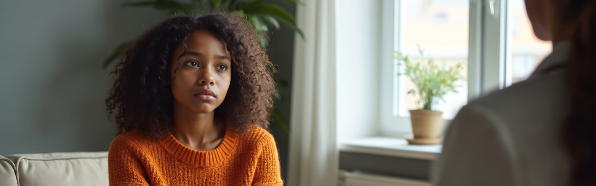 Depressed African American teen girl sitting sofa at psychologist office. Sad young woman troubled by mental health issues. Mental health counselor consultation, support therapy.